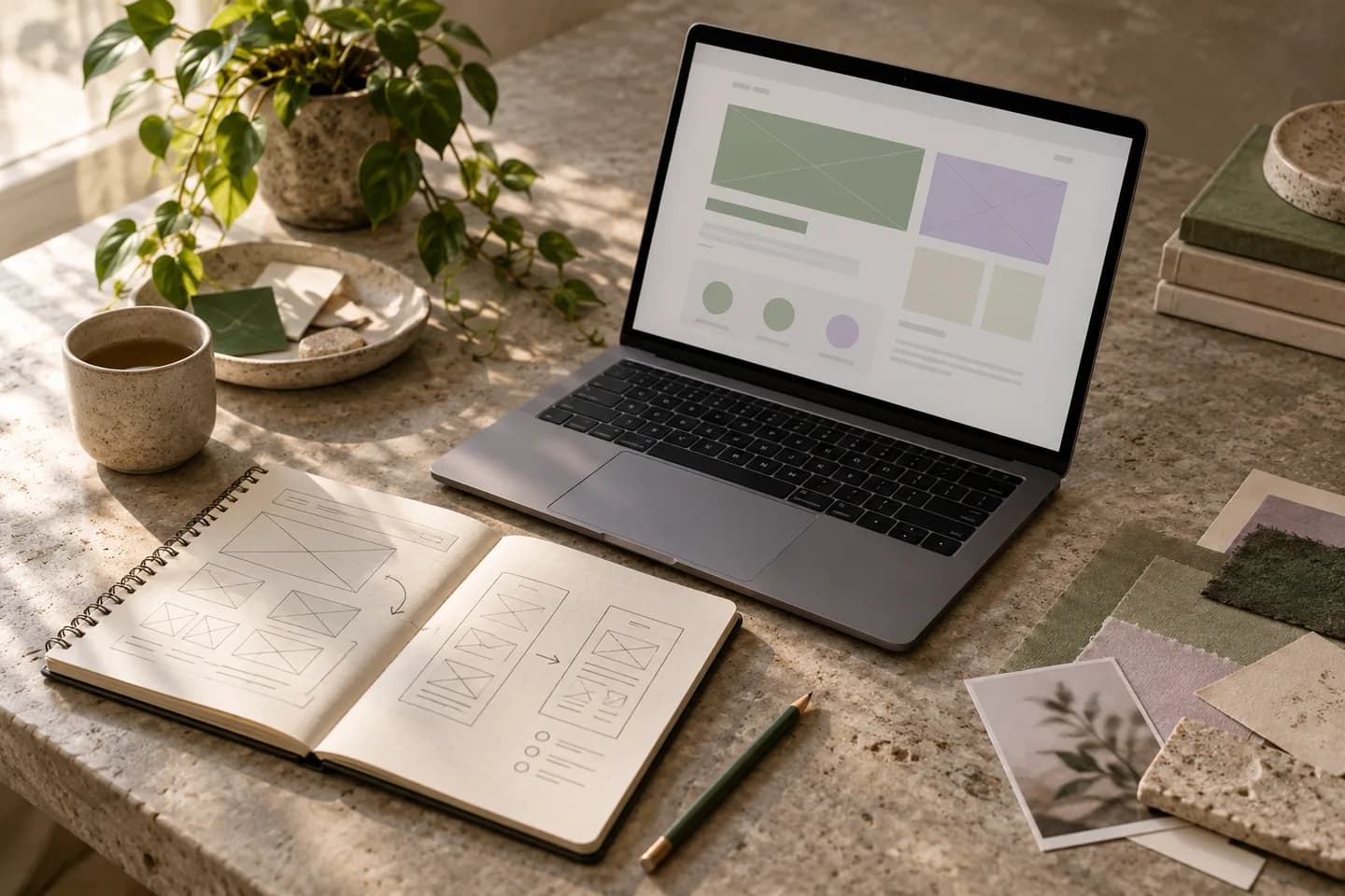 Illustrative design worktable with interface sketches, a laptop, and gentle colour swatches